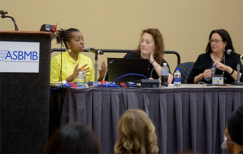 Carlotta Ocampo (right) was one of three experts who spoke during a session on race and mental health at the 2022 ASBMB annual meeting in Philadelphia. Also on the panel were Cirleen DeBlaere (center), associate professor and coordinator of the counseling psychology doctoral program at Georgia State University, and Batsirai Bvunzawabaya, director of outreach and prevention at the University of Pennsylvania.