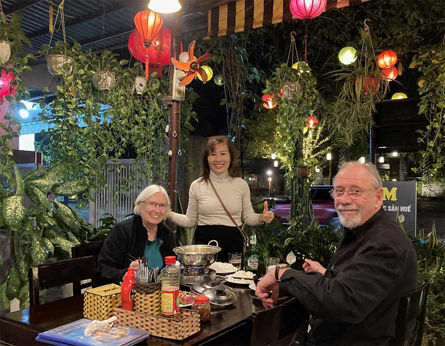 Blaise and Kathryn Arena enjoyed plenty of local cuisine on their trip. Here they’re at a roadside restaurant in Hue, Vietnam.
