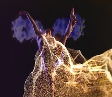 A video still shows a dancer and scientific imagery intertwined. Albert Heck collaborated with animators and dancers to produce a video dramatizing his lab’s research, which he hopes will convey wonder about the natural world.