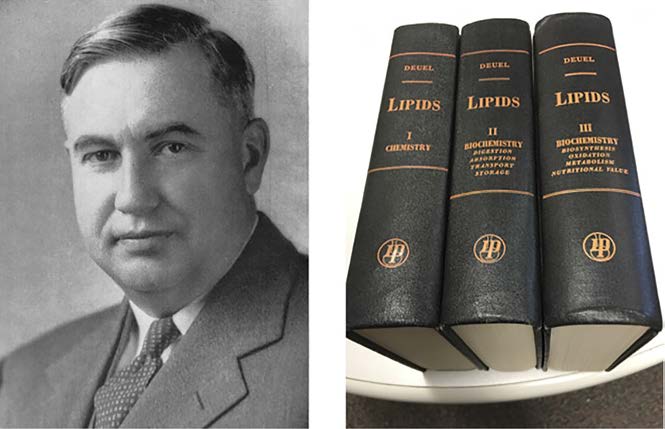Portrait of Harry Deuel next to his three volume "Lipids."