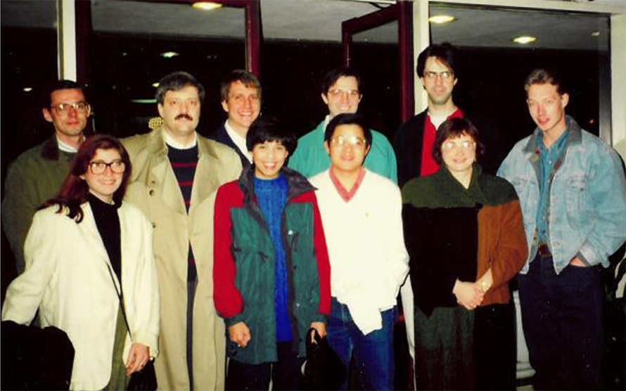 In the early 1990s, Robert Haltiwanger was a postdoc in Jerry Hart’s lab at the Johns Hopkins University School of Medicine. In this lab team photo, Hart is third from left, wearing a trench coat, and Haltiwanger is in the center of the back row wearing a green jacket.