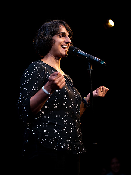 Parmvir Bahia at The Story Collider, in partnership with the RockEDU and ASBMB. Photo by Zhen Qin.