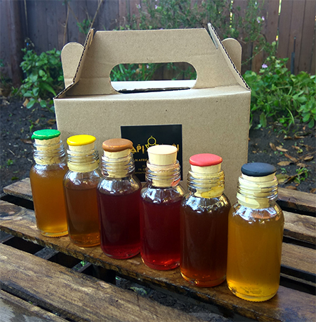 Many of Guzha’s recipes use plant extracts, such as this colorful group of cordials distilled from plants native to South Africa's Cape Peninsula.