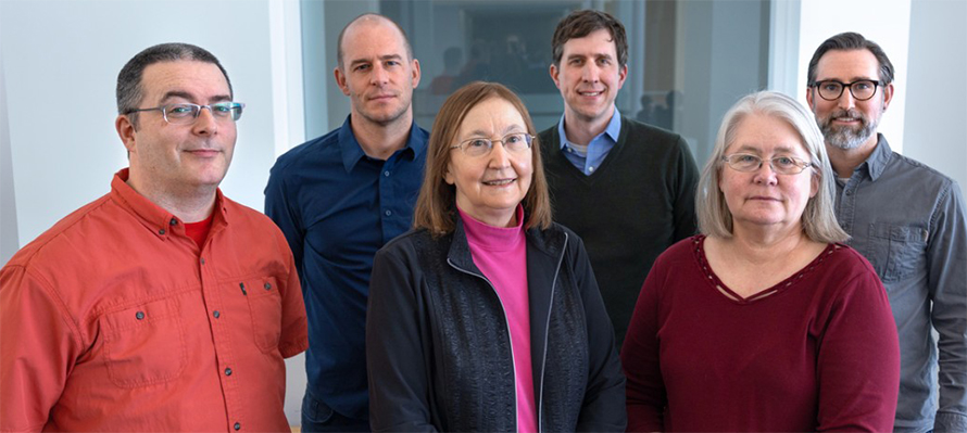 From left, Andrew Grimson, associate professor in the Department of Molecular Biology and Genetics in the College of Arts & Sciences; Iwijn De Vlaminck, associate professor in the Cornell Meinig School of Biomedical Engineering; Maureen Hanson, Liberty Hyde Bailey Professor in CALS; Ben Cosgrove, associate professor in the Cornell Meinig School of Biomedical Engineering; Jen Grenier, director of the Genomics Innovation Hub in the Cornell Institute of Biotechnology; and Carl Franconi, administrative manager of the Center for Enervating Neuroimmune Disease.