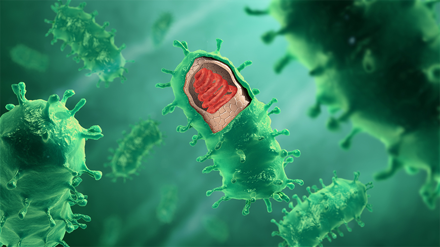 A rendering still showing rabies virus structure.