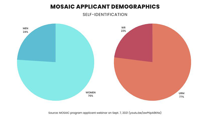 This chart shows the breakdown of the first mosaic applicants by gender and whether the scholars identify as underrepresented minorities or widely represented.