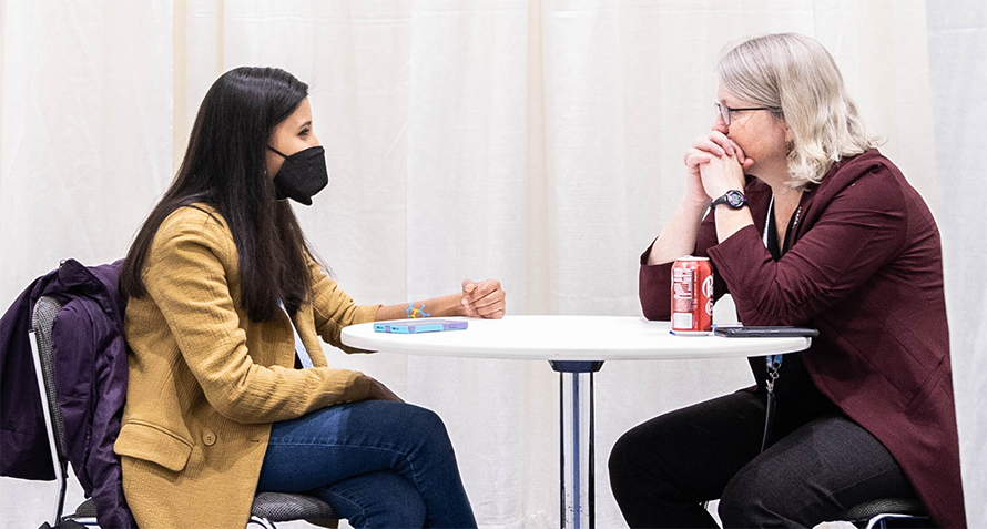 Rupsa Jana (left), an undergraduate at Northeastern University, meets with Audrey Lamb, a professor and chair of chemistry at the University of Texas at San Antonio and a member of the ASBMB Council, in a one-on-one mentoring session at Discover BMB 2023 in Seattle.