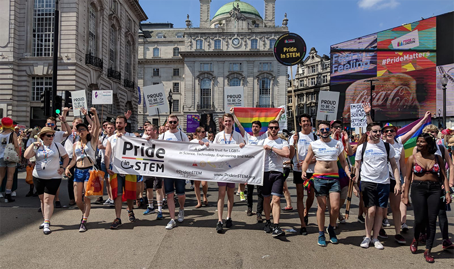 Members of Pride in STEM march in the London pride parade in 2018.