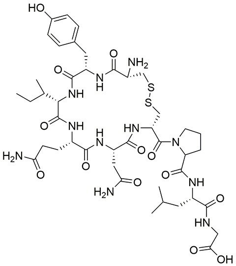 The chemical structure of oxytocin, the endocrine hormone that plays a role in social bonding, reproduction and childbirth and its aftermath.