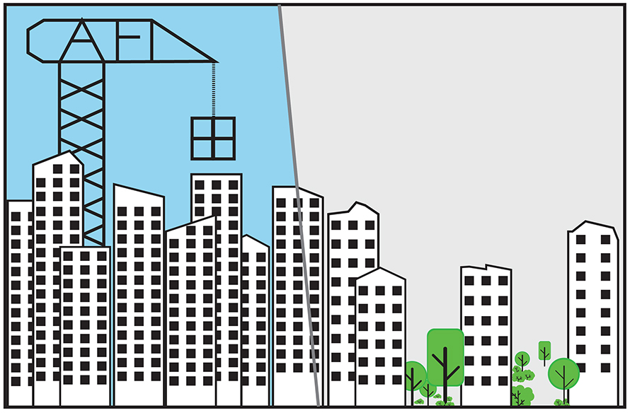 Illustration of genome organization and cell fate control. CAF-1 acts as a crane, sustaining the city’s architecture (left). When CAF-1 is missing (right), the city’s landscape changes and becomes more plastic.