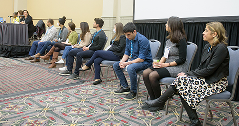 MOSAIC scholars (floor) joined panelists Batsirai Bvunzawabaya, Cirleen DeBlaere and Carlota Ocampo (platform) for a session on race and mental health in academia during the 2022 ASBMB Annual Meeting.