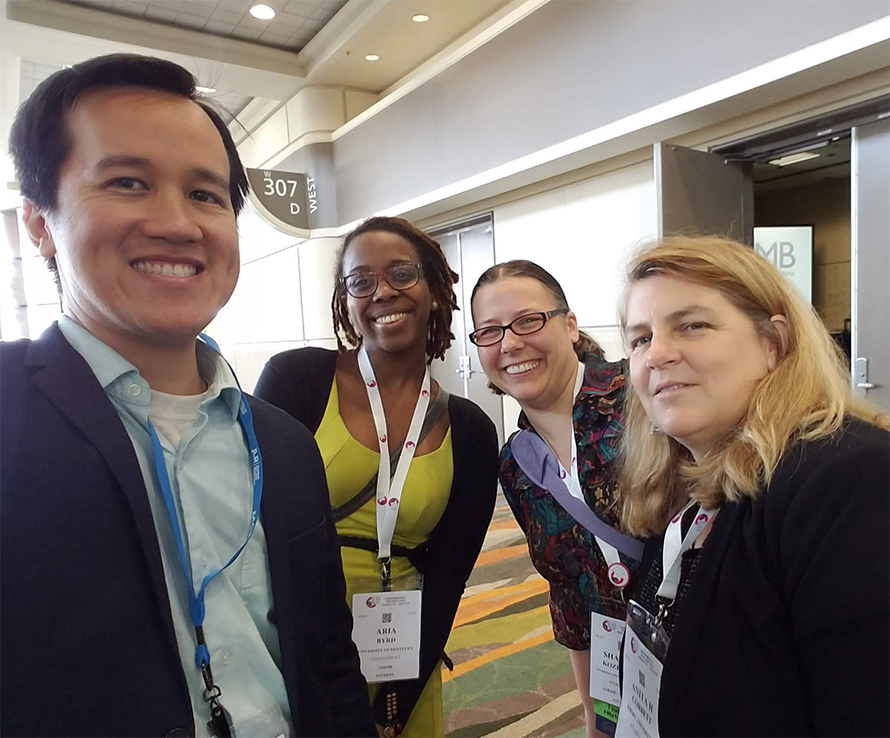 Dan Pham, 2018 ATP delegates Aria Byrd and Shannon Kozlovich, and Emory University professor Anita Corbett pause to take a selfie during the 2019 ASBMB annual meeting.
