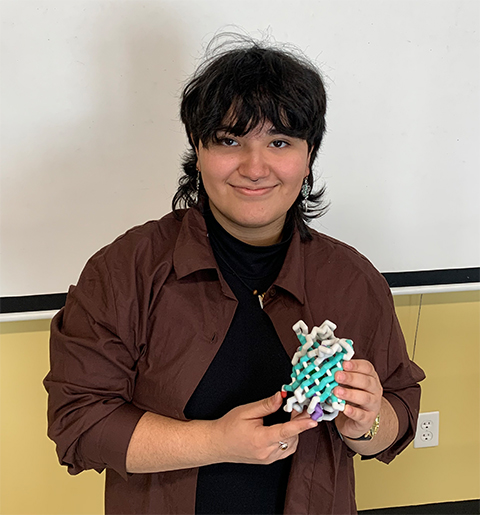 Kimy Hernandez, 17, a senior at Longmont High School in Colorado and member of the SMART Teams program, shows off a 3D model of p53, a mammalian protein that suppresses tumors.