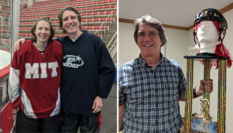 Ed Eisenstein and his daughter Ariana attend an MIT hockey alumni game.(Left) Ed holds the Mullet Invitational Hockey League trophy awarded to his championship team, the Danglers.(Right)