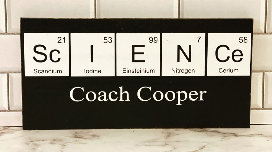 This periodic table-inspired name plate makes an excellent gift for the science educators on your shopping list!