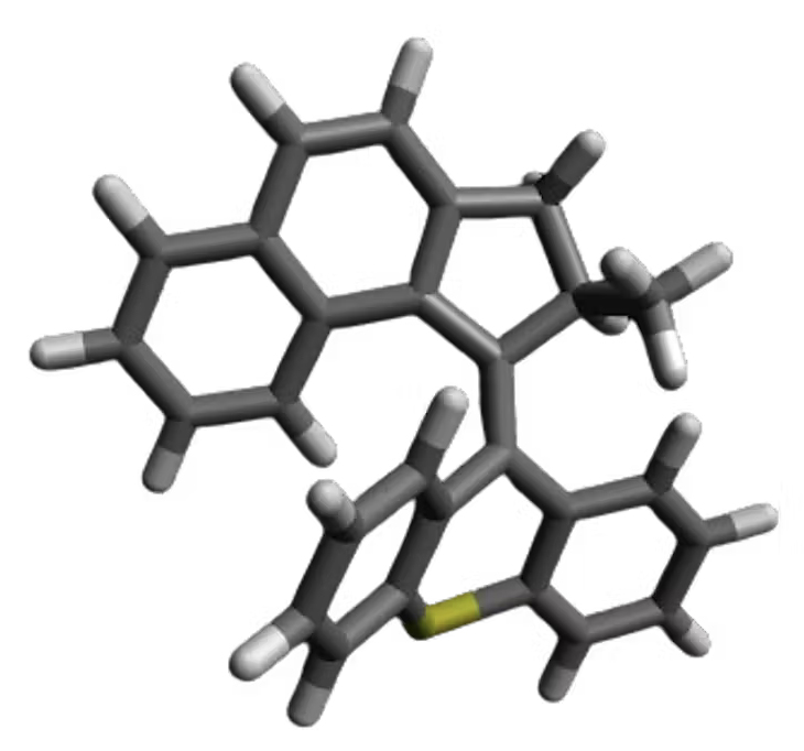 The 3D structure of a molecular machine. The molecular machine consists of rotor (top) and stator (bottom) portions connected by a central axle. Following light activation, molecular machines rotate rapidly, drilling into fungal cells.