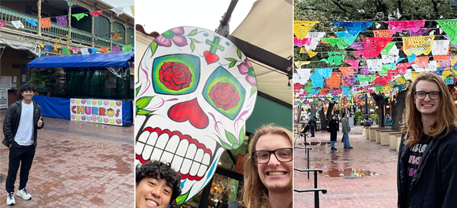 Left: Trinity student Corey Chung outside one of the many eateries at Historic Market Square. Center: Chung and Cole McGuire flank an example of indigenous Mexican skull art.  Right: McGuire in front of a colorful display of cut-paper banners at the market.