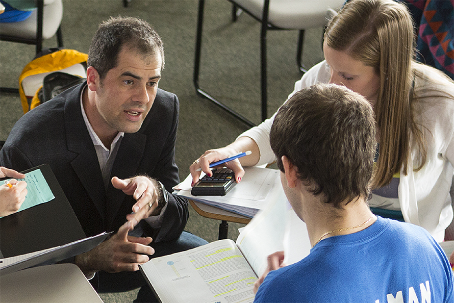 Daniel Dries, associate professor of chemistry at Juniata College in Pennsylvania, engages in the classroom with students in 2018, before the pandemic.
