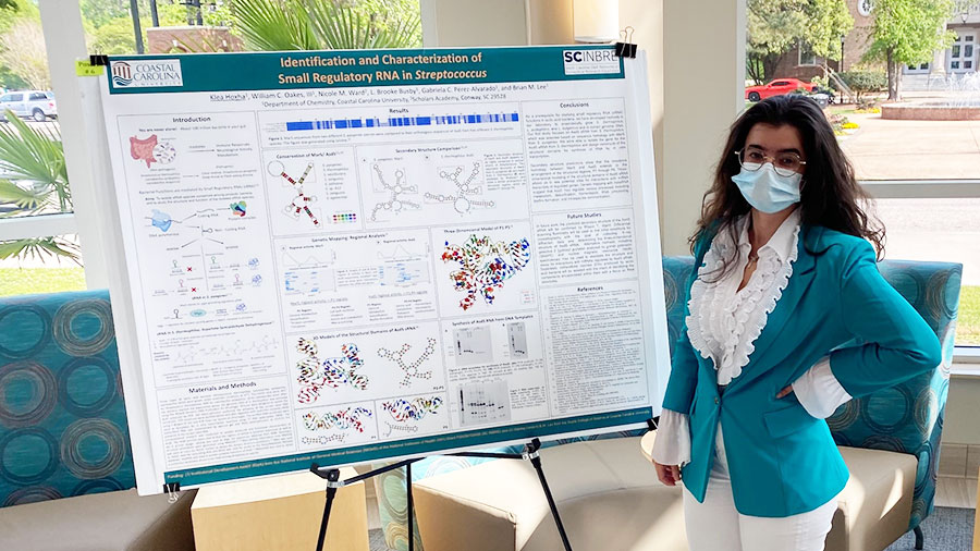 Klea Hoxha presents her work on small regulatory RNA in Streptococus at the Undergraduate Research Competition at Coastal Carolina University in April.