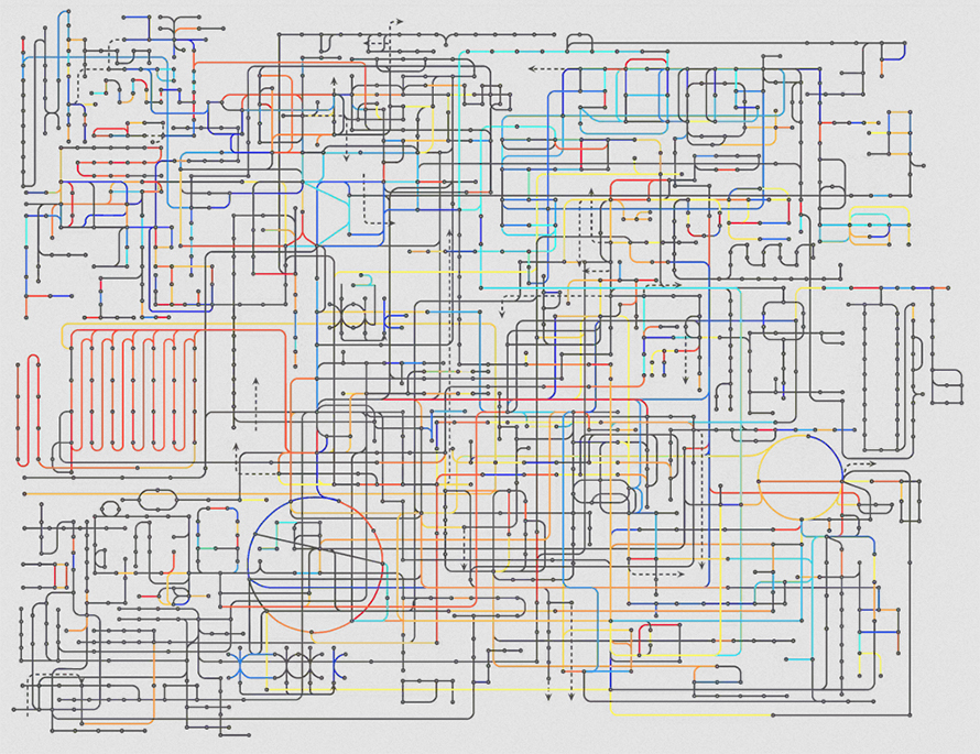 As illustrated by this simplified diagram of the human metabolome (where lines indicate chemical reactions and dots indicate reactants or products), your metabolic network is incredibly complex.