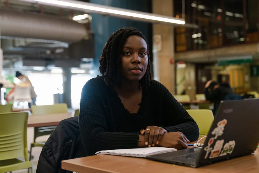 Anne-Marie Jean-Louis, a 26-year-old Navy veteran starting her education at the Community College of Rhode Island. Jean-Louis hopes to transfer and get a bachelor’s and eventually a graduate degree in neuroscience. “I don’t want to waste my time,” she says.
