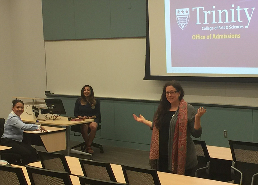 Carlota Ocampo speaks during an admissions event in Trinity Washington University’s science building.