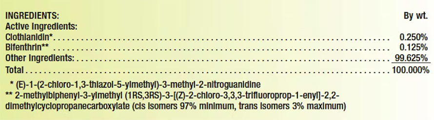 Sample pesticide ingredient label from an EPA training guide, showing that just 0.375%25 of ingredients are disclosed and tested for bee safety.