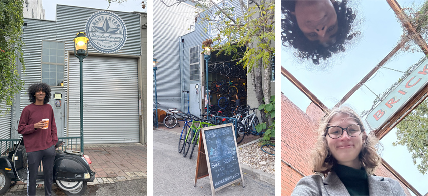 Trinity student Anirudan Sivaprakash outside the closed Blue Star Bicycling Company. Center: Bikes for rent and sale at the shop. Right: Sivaprakash and fellow Trinity student Ashleigh Reese outside Brick at Blue Star, an art and event space.
