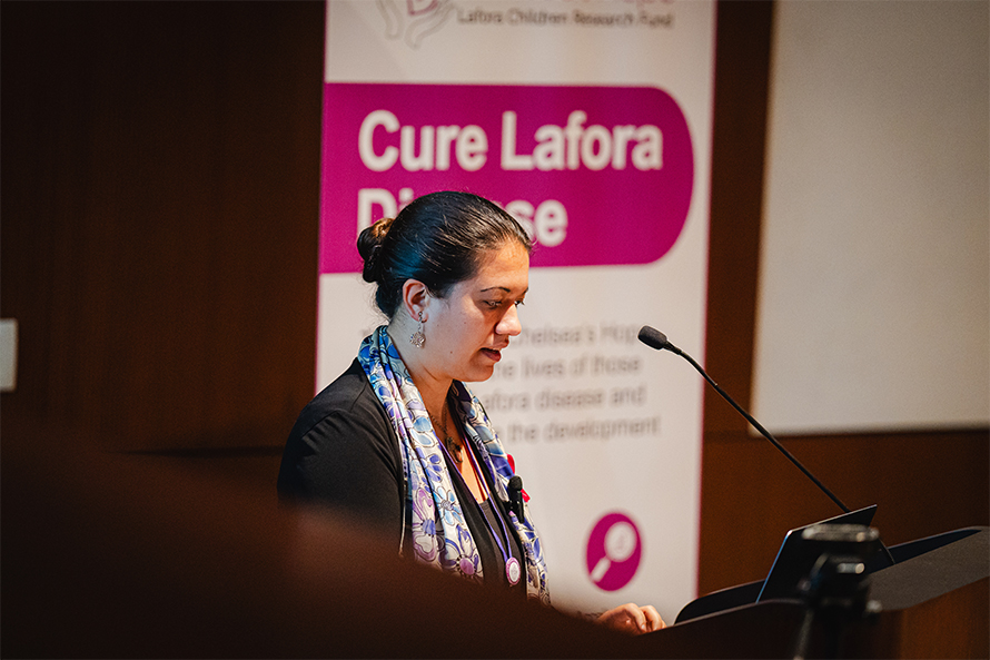 Kit Donohue, scientific director at Chelsea’s Hope, speaks to the audience during the 2024 Lafora Disease Science Symposium in San Diego, CA.