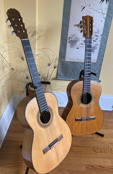 Two of Blaise Arena’s guitars.