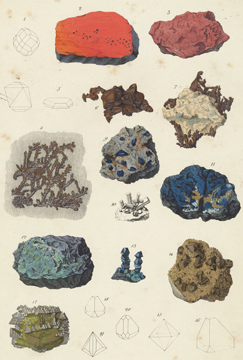Mercury and copper compounds, including cinnabar (fig. 3), from Johann Kurr’s The Mineral Kingdom, 1859.
