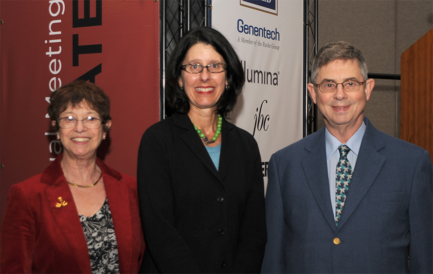 Judith Voet, Suzanne Pfeffer (ASBMB president 2010–2012) and Don Voet at the ASBMB annual meeting in 2012, the year the Voets received the society's Award for Exemplary Contributions to Education.
