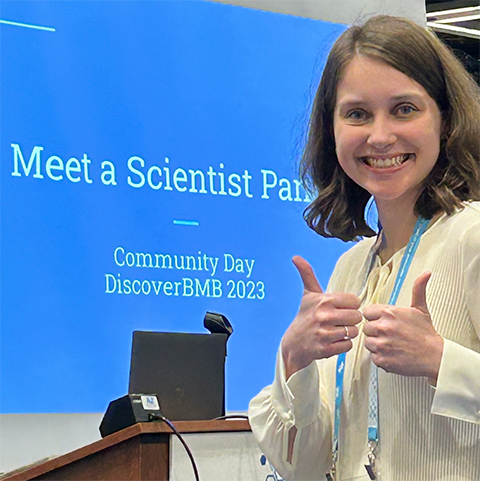Senior and student chapter leader Olivia Miller was a member of the Science Outreach and Communication “Meet a Scientist” panel at #DiscoverBMB 2023.