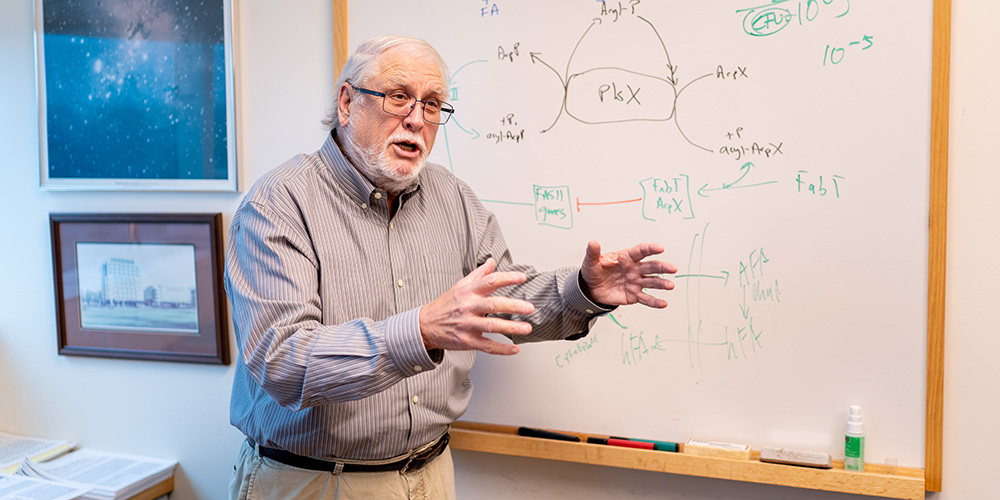 Charles Rock teaches at a white board.