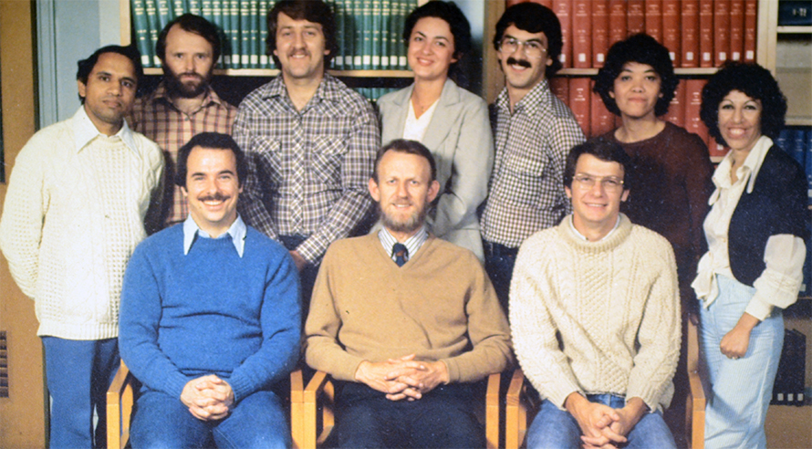 The MacLennan lab at the University of Toronto circa 1979 included (back row from left) Vijay Khanna, Kaz Kurzydlowski, Marek Michalak, Elzbieta Zubrzycka-Gaarn, Denis LeBel, Stella DeLeon and Varda Shoshan; (front row from left) Kevin Campbell, David MacLennan and author Reinhart Reithmeier.