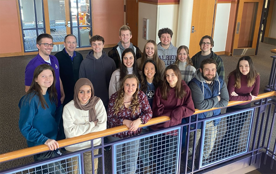 All the researchers in Craig Streu’s lab at Albion College are undergraduates. Front row: Kaitlyn Piontkowsky, Fadwa Kamari, Samantha Dye, Diana Kernen, Paul Volesky and Noelle Robert; center: Jade Patel and Lexi Moss; back row: Craig Streu, Chris Rohlman, Ryan Beyers, Theodore Hirschfield, Mariah Brenz. Noah Rollison, Madeline Budd and Peter Filbrandt.
