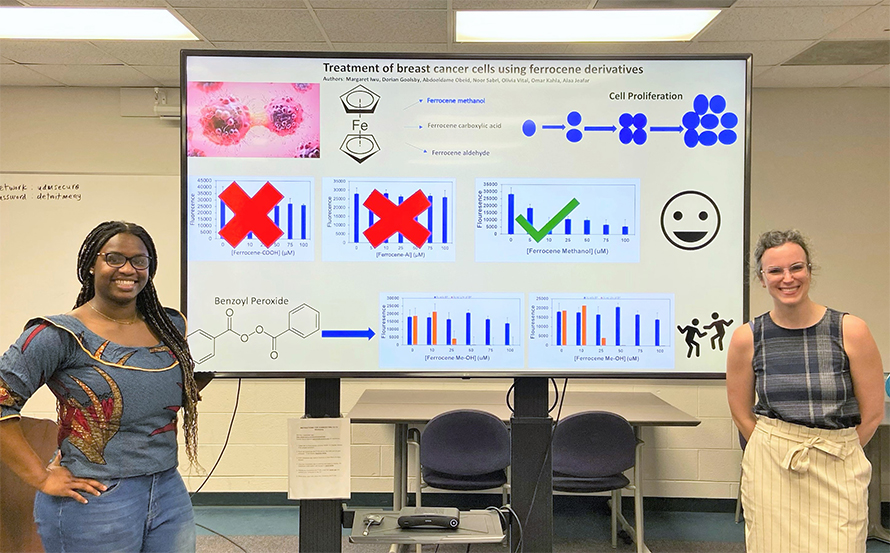 Margaret Iwu, a recent graduate of University of Detroit Mercy, and Mara Livezey, assistant professor of chemistry and biochemistry, show off a hands-on class project in spring 2023.