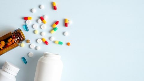 Stock photo of pills, capsules and pill bottles