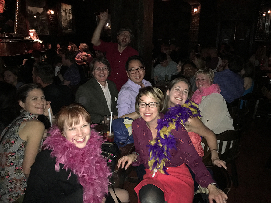 Members of the ASBMB Public Outreach Committee (now the Science Outreach and Communication Committee) sample hurricanes on Bourbon Street in New Orleans. Pictured, clockwise from bottom left, are Niki Woitowich (in boa), Jeanne Garbarino, Ed Eisenstein, Geoff Hunt, Edwin Li, Teaster Baird Jr., Barbara Gordon, Teresa Evans Moore and Susanna Greer.