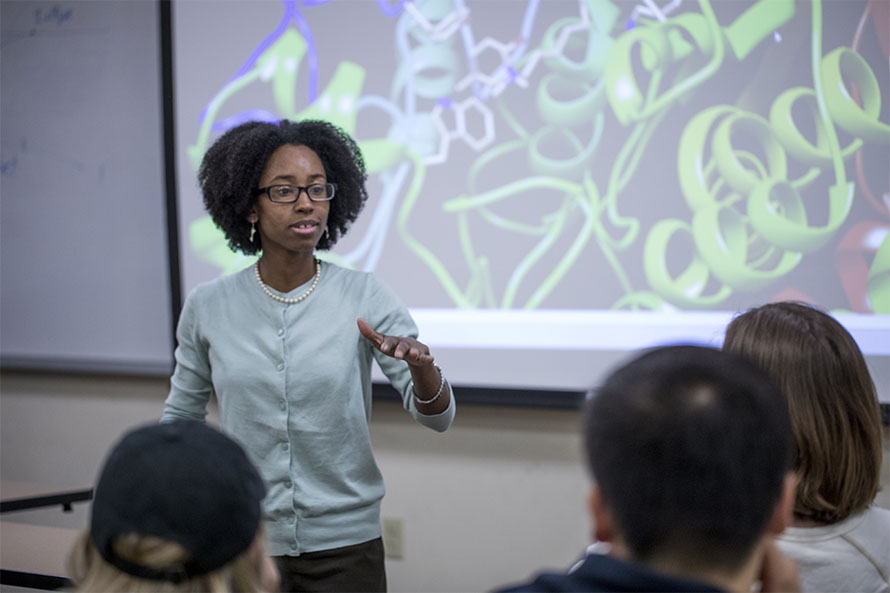 Shana Stoddard in the classroom, teaching biochemistry and structural biology to undergraduates at Rhodes College.