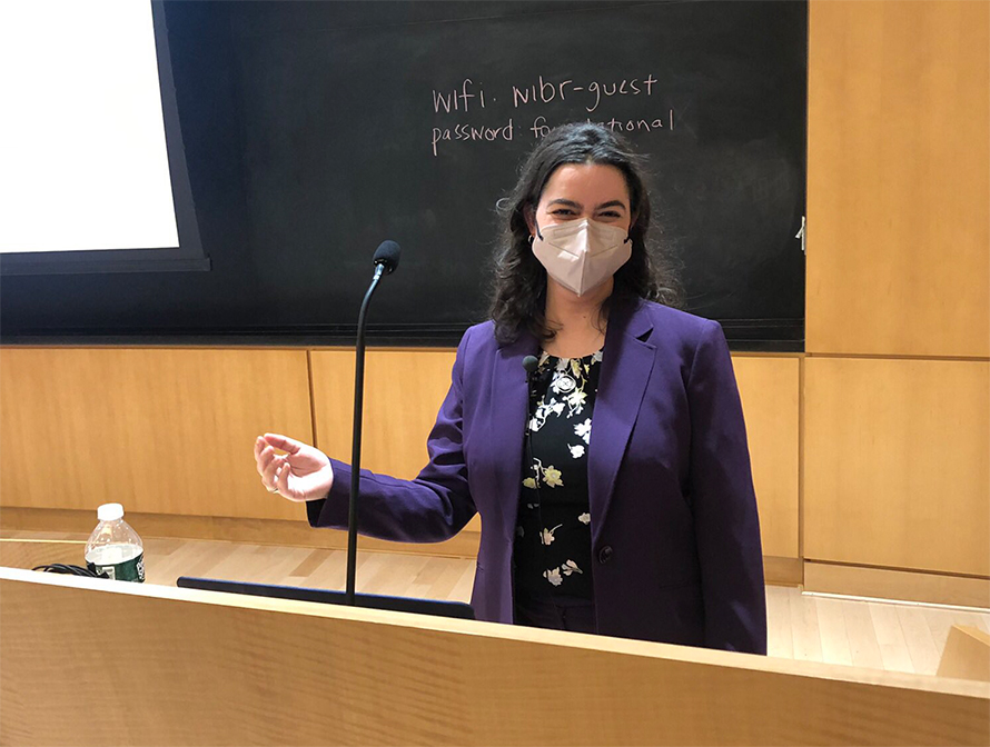 Lindsey Backman makes a presentation at the Whitehead Institute for Biomedical Research where she recently became a fellow.